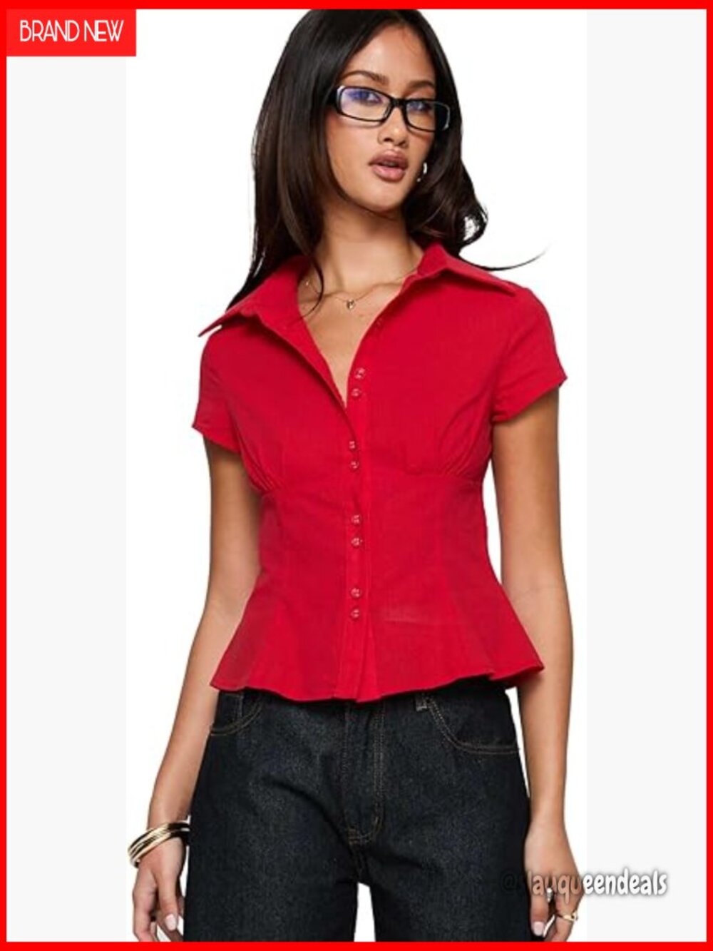 Ruched Bust Button Down Crop Blouse - Cap Sleeve Cotton Blouse